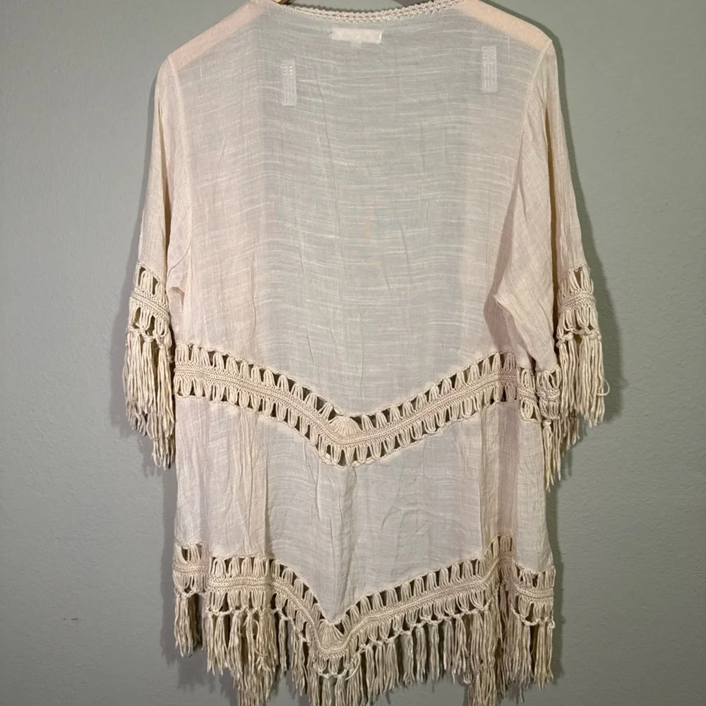 Indigo Soul Lightweight Open Cardigan Med Fringe Short Sleeve Beige Cream Cover